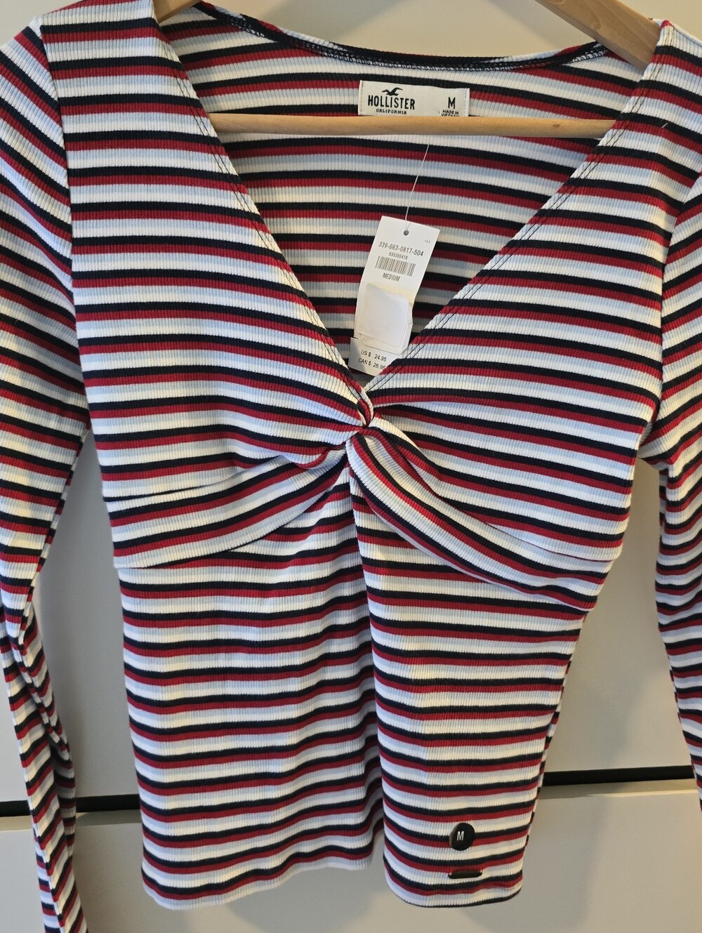 Hollister Women's Striped Twisted Front Long Sleeve Top - White, Red, Navy
